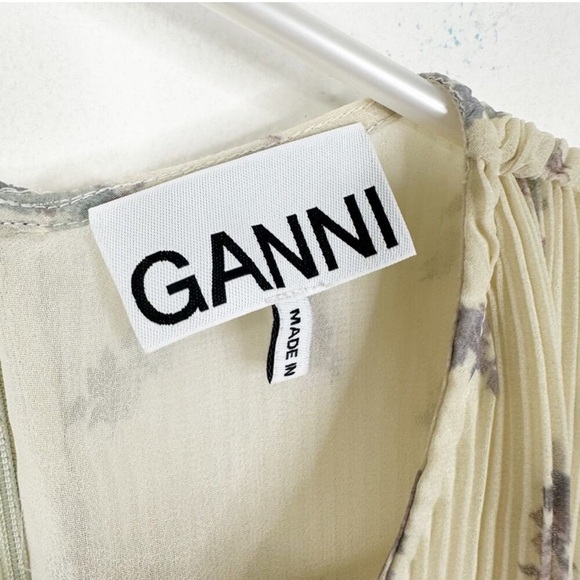GANNI Size 40/ US Large Floral Print Pleated Georgette Babydoll Mini Dress - Picture 6 of 10